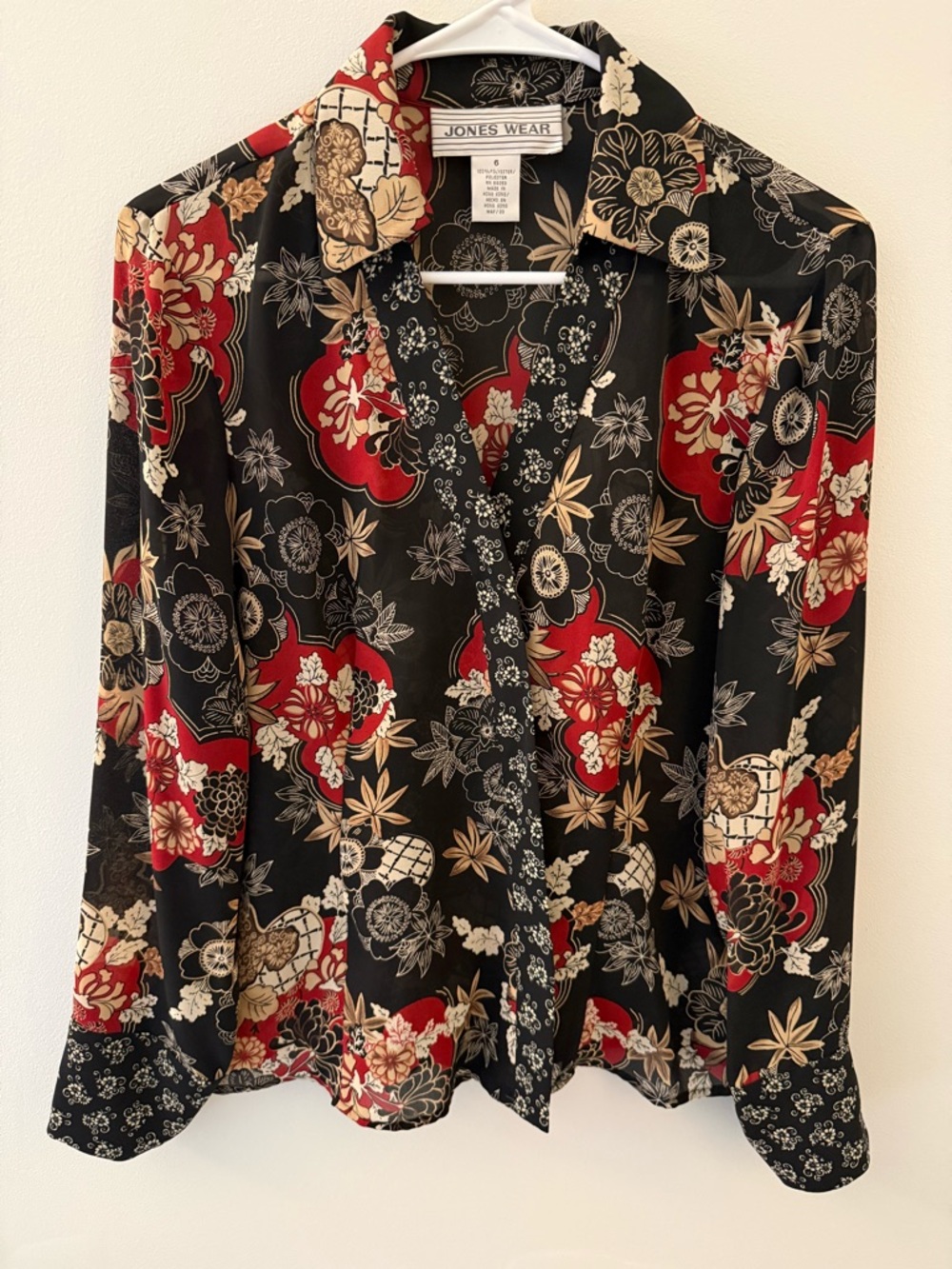 Jones Wear Womens‎ Blouse Size 6 Black Red Floral Snap Front Y2K Top